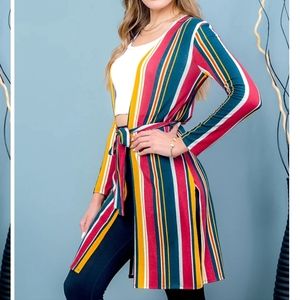 Multi Color Stripe Open Front Cardigan Sweater With Waist Tie